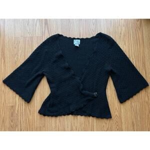Y2K Black Wrap Sweater w/ 3/4 Bell Sleeve and Scalloped Hem